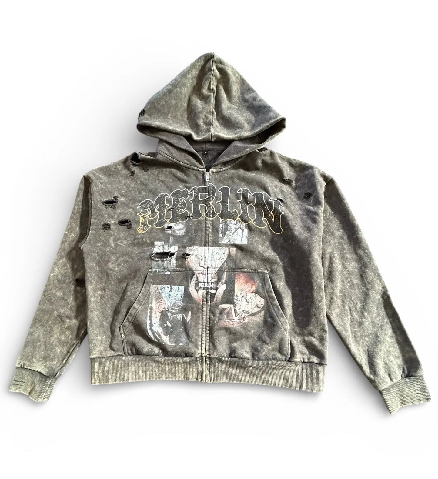 Photo Collage Acid Wash Hoodie - Loam