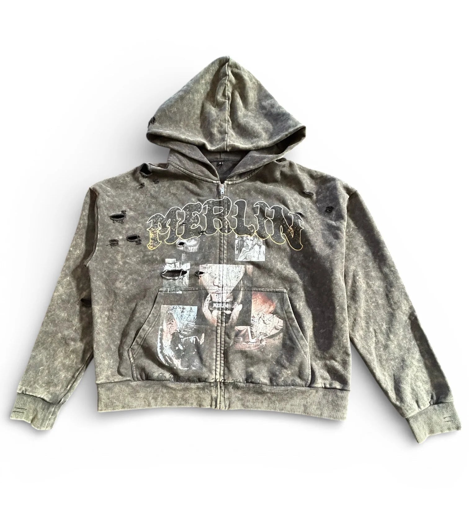 Photo Collage Acid Wash Hoodie - Loam