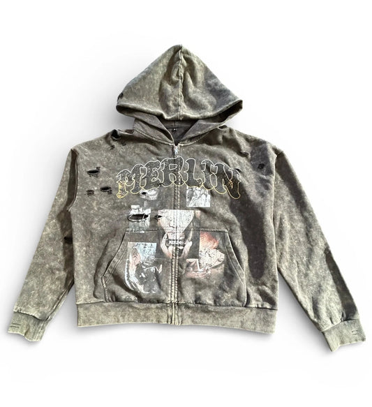 Photo Collage Acid Wash Hoodie - Loam